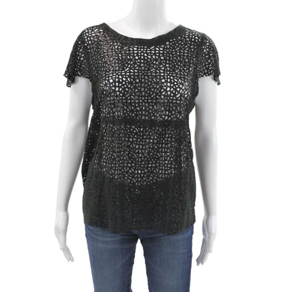 DROMe Women Leather Round Neck Geometric Short Sleeve Blouse Black Size S